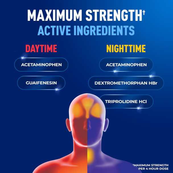 Mucinex Rapid+Clear Maximum Strength Day & Night Cold and Flu Medicine for Adults, Over-The-Counter Medication for Headache Relief, Mucus Congestion, & Cough, Rapid Release Caplets, 20 Count