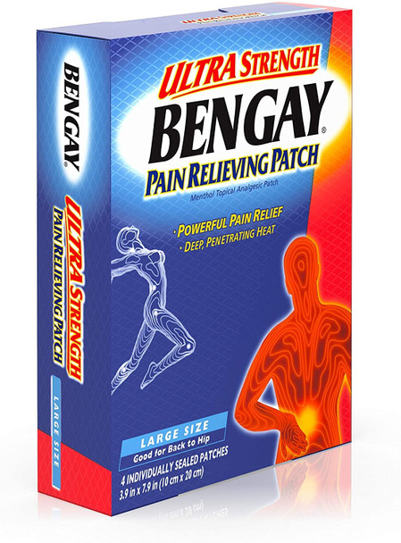 Ultra Strength Bengay Pain Relief Patches, Large Topical Analgesic Menthol Patches for Muscle & Joint Pain Due to Backaches, Minor Arthritis, Sprains, & Strains, 3.9 x 7.9 inches, 4 Count