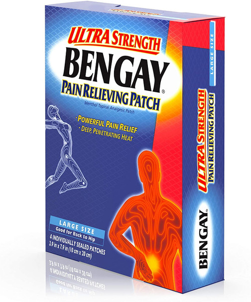 Ultra Strength Bengay Pain Relief Patches, Large Topical Analgesic Menthol Patches for Muscle & Joint Pain Due to Backaches, Minor Arthritis, Sprains, & Strains, 3.9 x 7.9 inches, 4 Count