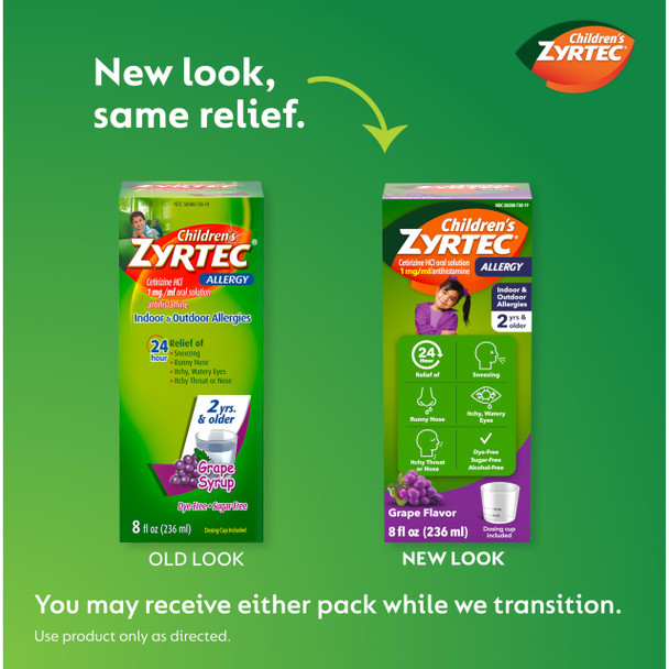 Zyrtec Childrens 24-Hour Allergy Relief Syrup, 5 mg Cetirizine Hydrochloride Antihistamine, Kids Allergy Medicine for Indoor/Outdoor Allergies & Hay Fever, Dye-, Alcohol- & Sugar-Free, Grape, 8 fl oz