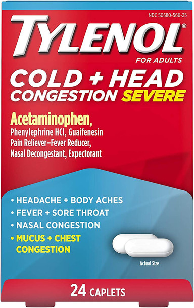 Tylenol Cold + Head Congestion Severe Medicine Caplets for Fever, Pain & Congestion Relief, 24 ct.