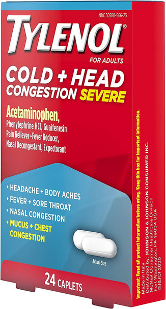 Tylenol Cold + Head Congestion Severe Medicine Caplets for Fever, Pain & Congestion Relief, 24 ct.
