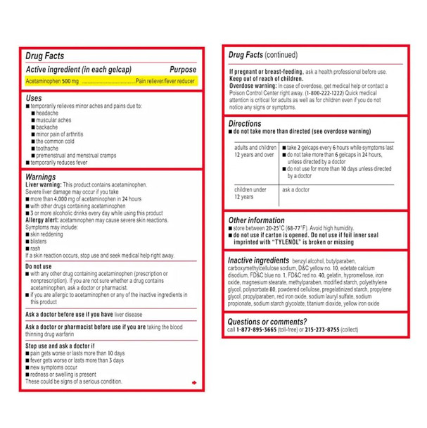 Tylenol Extra Strength Acetaminophen Rapid Release Gels, Extra Strength Pain Reliever & Fever Reducer, Gelcaps with Laser-Drilled Holes, 500 mg Acetaminophen, 50 ct