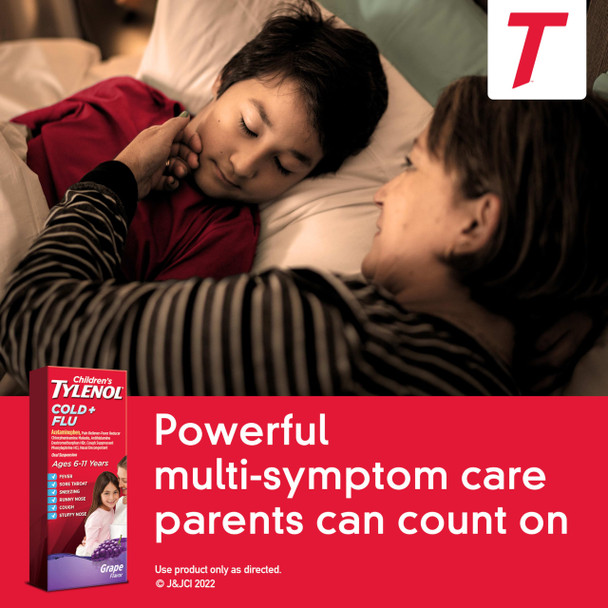 Children's Tylenol Cold & Flu Liquid Oral Suspension Kids' Cold & Flu Medicine, Pain Reliever, Fever Reducer, Cough Suppressant & Decongestant, Grape Flavor, 4 fl. oz