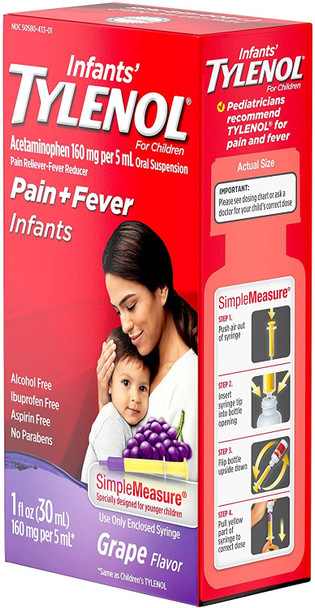 Infants' Tylenol Oral Suspension Liquid Medicine with Acetaminophen, Baby Fever Reducer & Pain Reliever for Minor Aches & Pains, Sore Throat, Headache & Toothache, Grape Flavor, 1 fl. oz