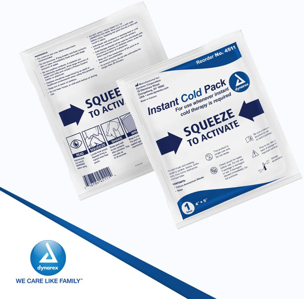 Dynarex Disposable Ice Packs for Injuries - Instant Cold Packs, First Aid, Swelling, Sprains & Pain, Single Use Cold Compress Packs, 4" x 5", 24-Pack