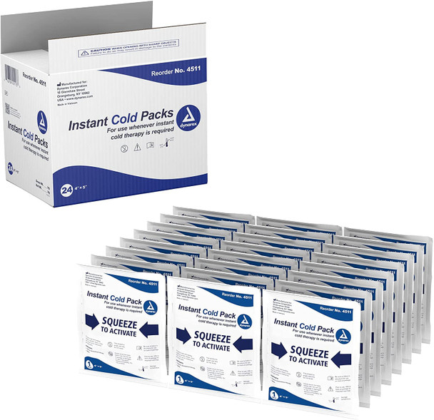 Dynarex Disposable Ice Packs for Injuries - Instant Cold Packs, First Aid, Swelling, Sprains & Pain, Single Use Cold Compress Packs, 4" x 5", 24-Pack
