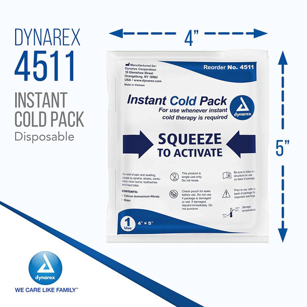Dynarex Disposable Ice Packs for Injuries - Instant Cold Packs, First Aid, Swelling, Sprains & Pain, Single Use Cold Compress Packs, 4" x 5", 24-Pack