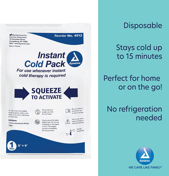 Dynarex Disposable Ice Packs for Injuries - Instant Cold Packs for First Aid, Swelling, Sprains & Abrasions - Single Use Cold Pack & Cold Compress Packs for Joint & Muscle Pain - 24-Pack, 5x9-Inch