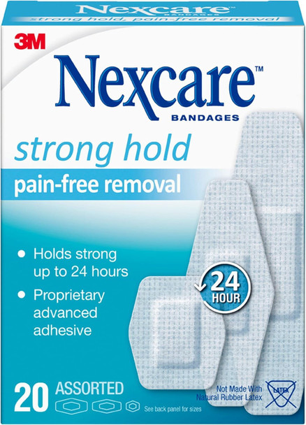 Nexcare Strong Hold Pain-Free Removal Bandages, Assorted Sizes, 20 Count  Gentle, Hypoallergenic Adhesive for Sensitive Skin