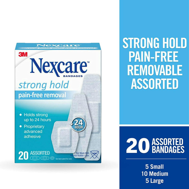 Nexcare Strong Hold Pain-Free Removal Bandages, Assorted Sizes, 20 Count  Gentle, Hypoallergenic Adhesive for Sensitive Skin