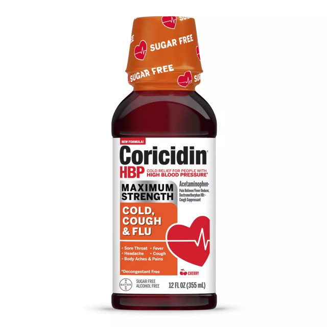 Coricidin High Blood Pressure Max Strength Cough Cold Flu Liquid, Cherry Flavor, 12 fl oz Hey