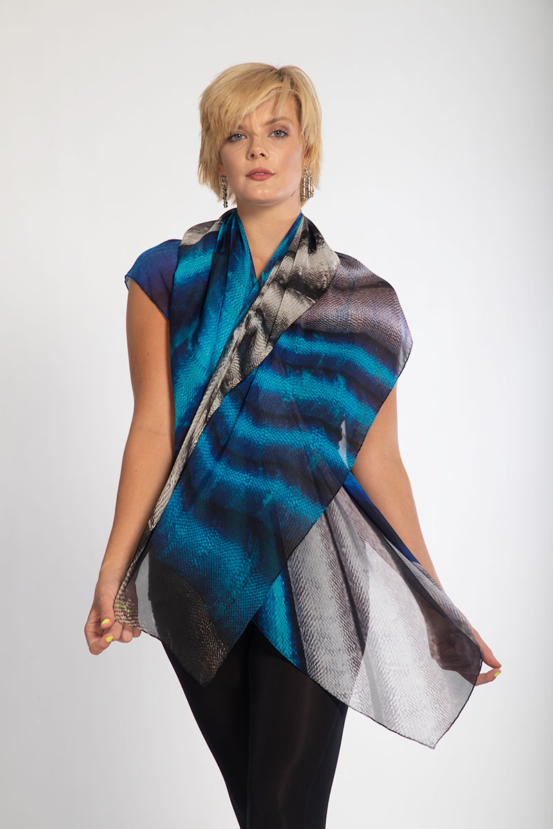 WHISPERING TEXTILES SCARF: Blue Origami Fan of Empathy