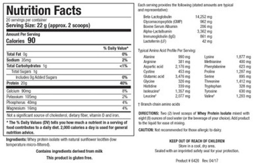 Whey Protein Isolate 16oz - Supplement Facts