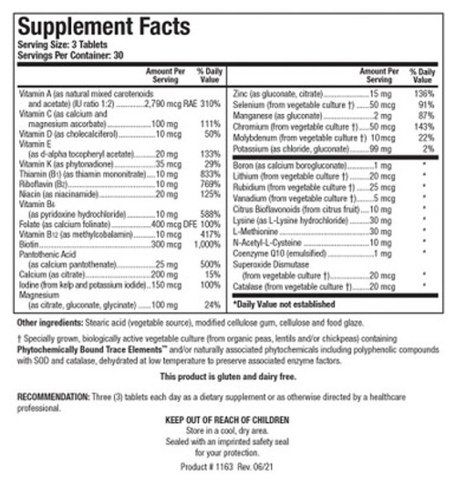 Bio-Multi Plus (Fe/Cu Free) 90T - Supplement Facts