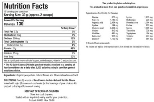 Pea Protein Isolate Natural Vanilla Flavor 454g - Supplement Facts