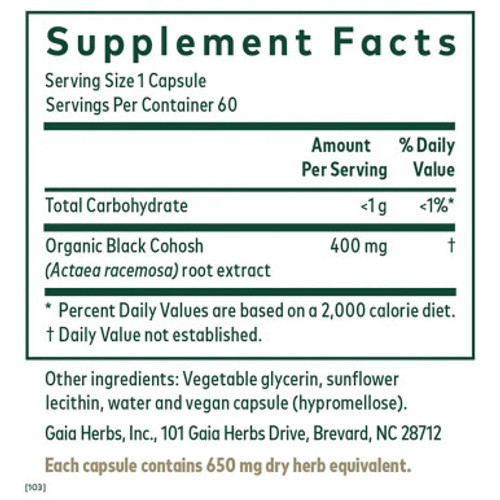 Black Cohosh 60c label by Gaia Herbs Pro