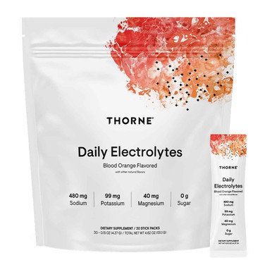 Thorne Daily Electrolytes Blood Orange pouch with 30 stick packs and one individual stick pack