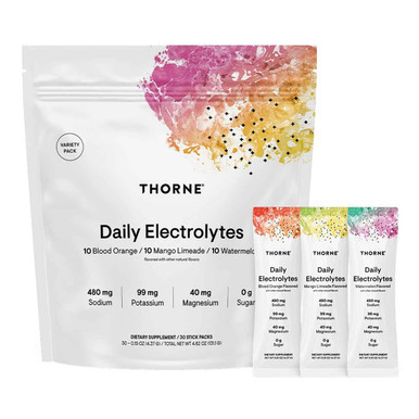 Thorne Daily Electrolytes Variety Pack pouch, 30 stick packs, with Blood Orange, Mango Limeade and Watermelon sticks