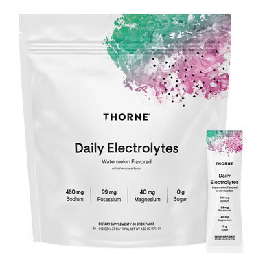 Thorne Daily Electrolytes Watermelon powder, white pouch of 30 stick packs with one stick pack