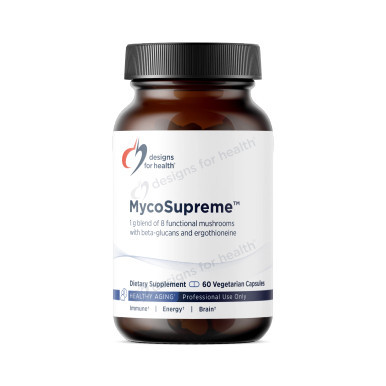 Designs for Health MycoSupreme amber bottle with black cap, 60 vegetarian capsules