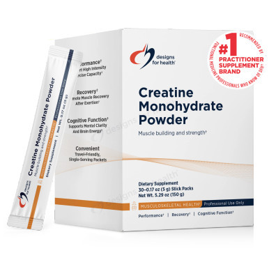 Designs for Health Creatine Monohydrate Powder box of 30 stick packs with one 5 g packet