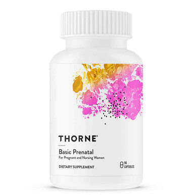 Thorne Basic Prenatal white bottle with pink and gold label, 90 capsules