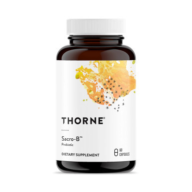 Thorne Sacro-B probiotic bottle with white cap and yellow label artwork, 60 capsules