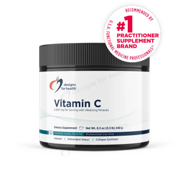 Designs for Health Vitamin C powder, 240 g jar with a black lid and white label