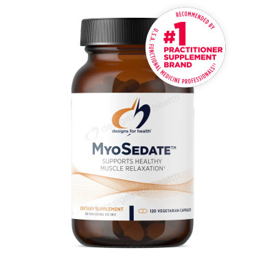 Designs for Health MyoSedate bottle with black cap, labeled 120 vegetarian capsules