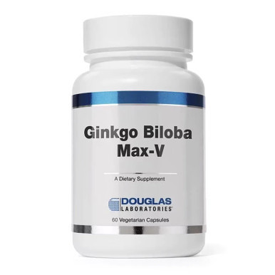 Douglas Laboratories Ginkgo Biloba Max-V white bottle with blue and silver label, 60 Vegetarian Capsules