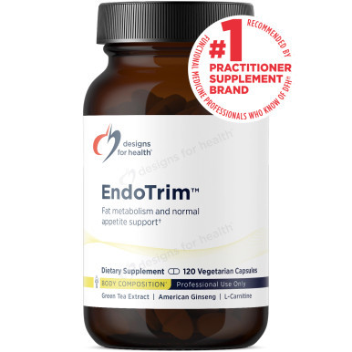 Designs for Health EndoTrim bottle with black cap, white label, and 120 vegetarian capsules.