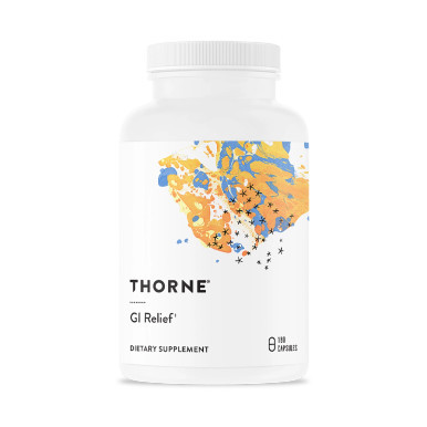 Thorne GI Relief white bottle with blue and yellow label, 180 capsules