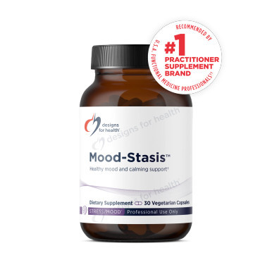 Designs for Health Mood-Stasis bottle with black cap, 30 vegetarian capsules