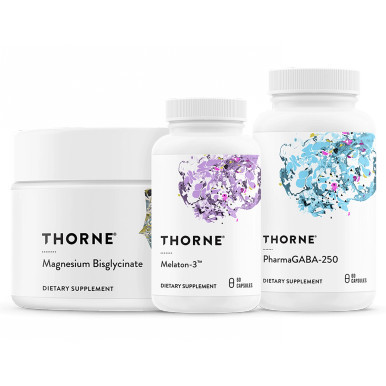 Thorne Sleep Bundle: Magnesium Bisglycinate tub, Melaton-3 and PharmaGABA-250 bottles, each marked 60 capsules