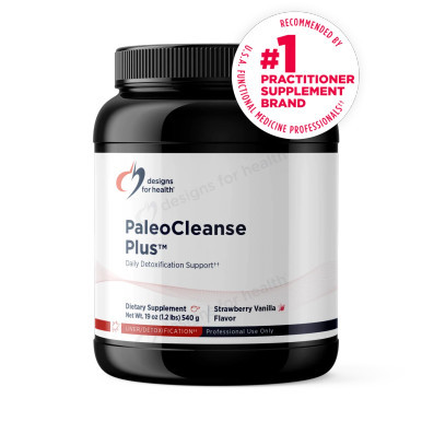 Designs for Health PaleoCleanse Plus Strawberry Vanilla powder, black 540 g tub with white label