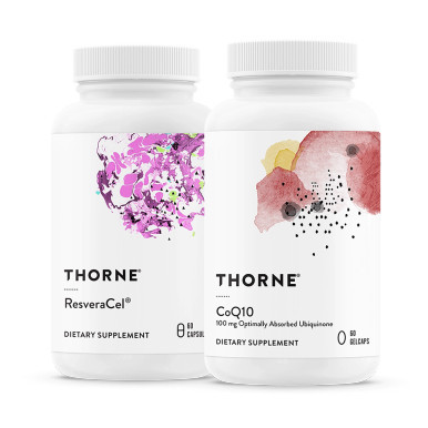 Thorne Healthy Aging Bundle: ResveraCel 60-capsule bottle and CoQ10 100 mg 60-gelcap bottle