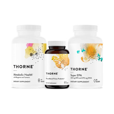 Thorne Metabolic Health 120 capsules, FloraMend Prime Probiotic 30 capsules and Super EPA 90 gelcaps bottles