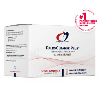 Designs for Health PaleoCleanse Plus Chocolate 14 Day Detox Program box, 28 powder packets and 28 capsule packets