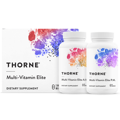 Thorne Multi-Vitamin Elite box with A.M. and P.M. bottles, each labeled 90 capsules