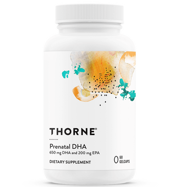 Thorne Prenatal DHA white bottle with floral label, 60 gelcaps