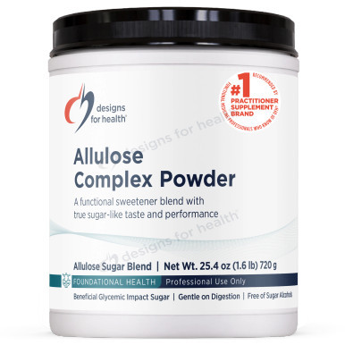 Designs for Health Allulose Complex Powder white tub with black lid, 25.4 oz (720 g)