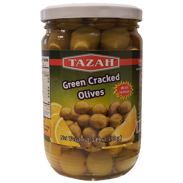 Tazah Green Cracked Olives With Lemon 1.3 lbs ( 590g )  زيتون أخضر مرصوص بالليمون