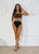 Handmade, premium French black lace high-neck bralette with matching high-waisted, high-cut bottoms.
