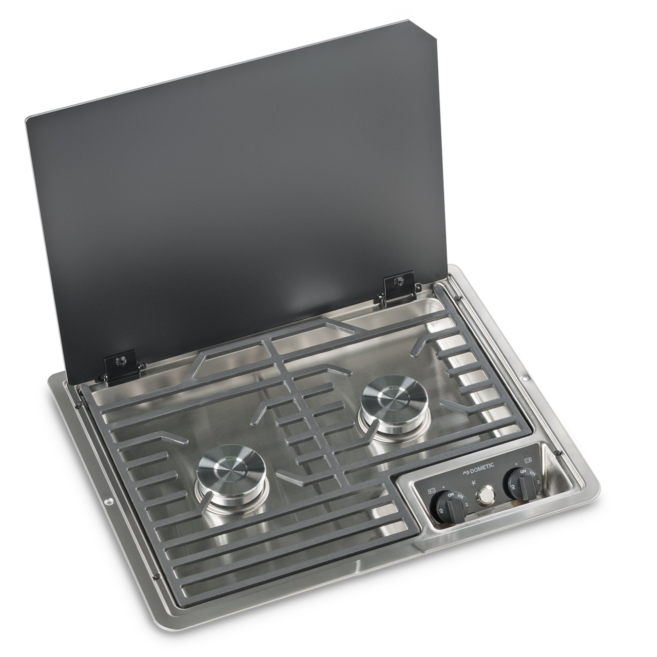 Dometic 50216G RV Stainless 2-Burner Propane Cooktop with Glass Cover