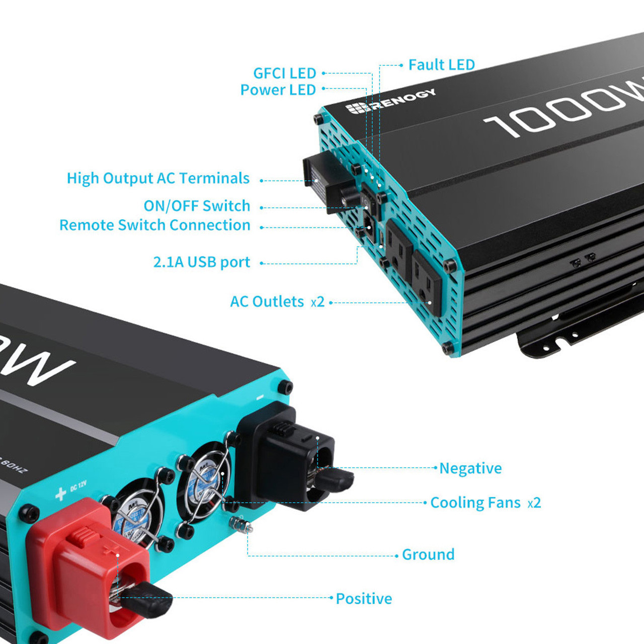 Renogy RNG-INVT-1000 RV DC to AC Pure Sine Wave Power Inverter - 1000 Watt