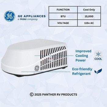 GE® GRCS15XAHW Deluxe Plus R32 RV Air Conditioner 15k / 20A - White w/ Ducted ADB, Control Box, & Black T-Stat Kit