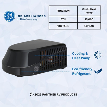 GE® GRHS15XAHB Deluxe Plus R32 RV Air Conditioner w/ Heat Pump 15k / 20A - Black w/ Ducted ADB, Control Box, & White T-Stat Kit