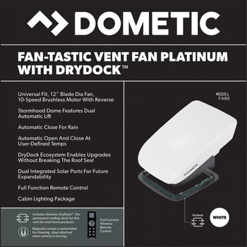 Dometic™ Fan-Tastic FA95 RV & Van Platinum Powered Roof Vent w/ Lighting, Stormhood, & Remote -  Black