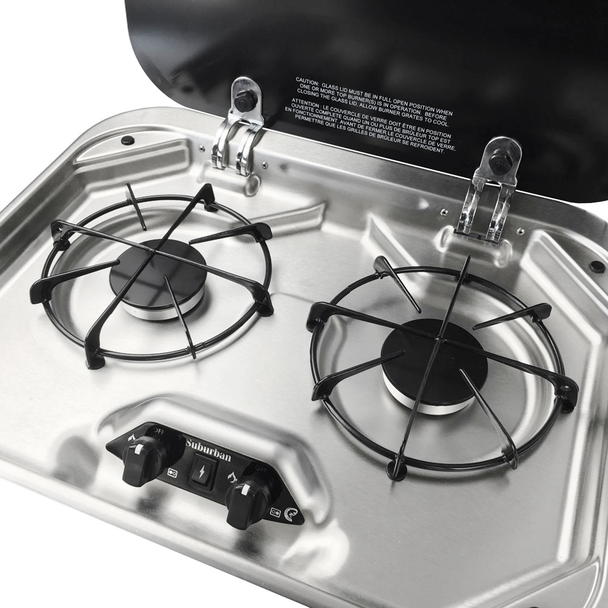 Suburban 3334AST 2-Burner RV Propane Cooktop w/ Glass Lid